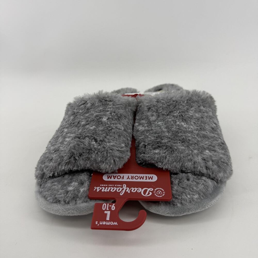 Dearfoams Slippers Womens 9.5 Gray Faux Fur Memory Foam Mule Indoor House Cozy